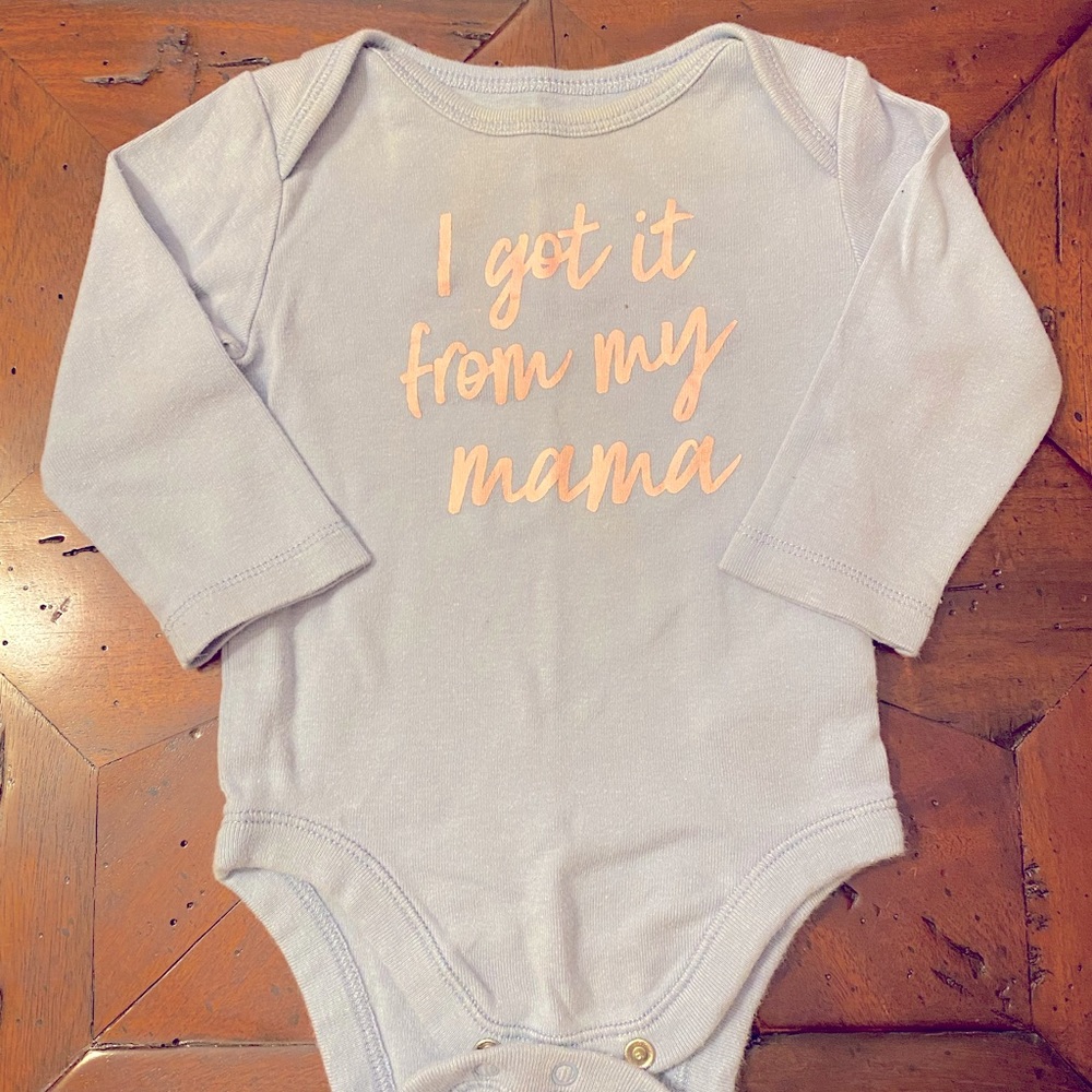 “I Got It From My Mama” Pale Blue, Pink Words Long Sleeve Snap Close Tee Shirt